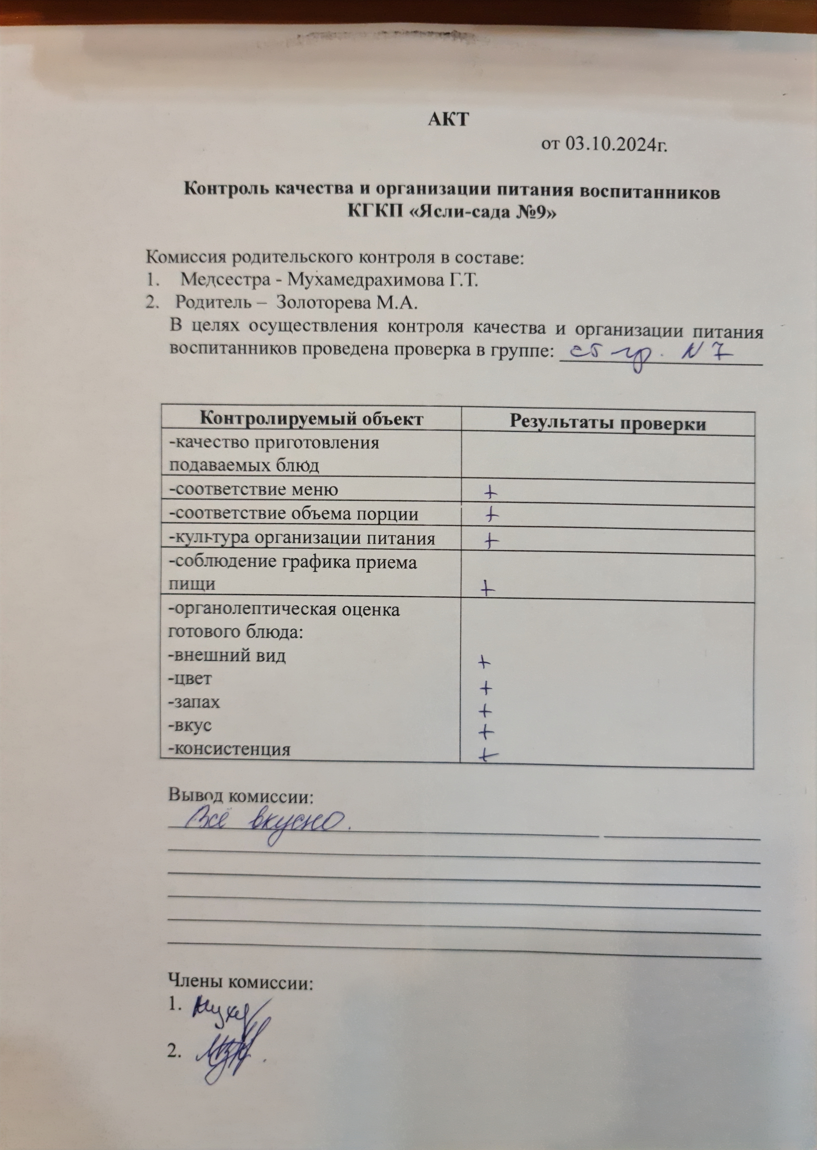 АКТ контроля качества и организации питания воспитанников от 03.10 .2024